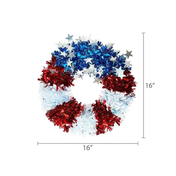 4th of July, Patriotic Stars and Stripes Tinsel Wreath, Red/White/Blue, 16", New - Picture 7 of 7